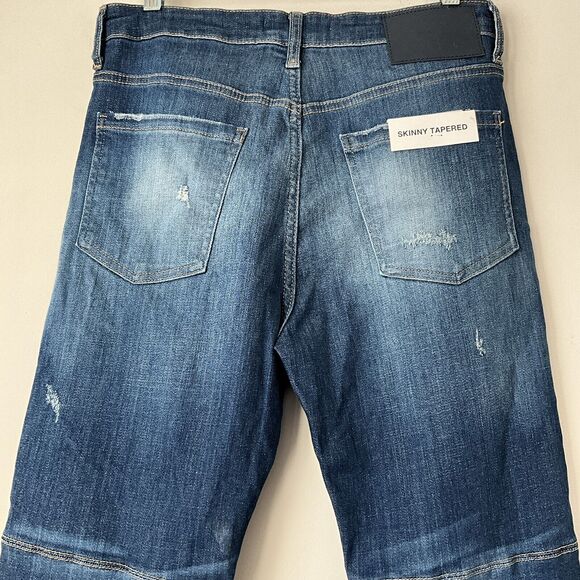 Zara Distressed Patchwork Tapered Skinny Jeans Blue32 - Picture 12 of 12